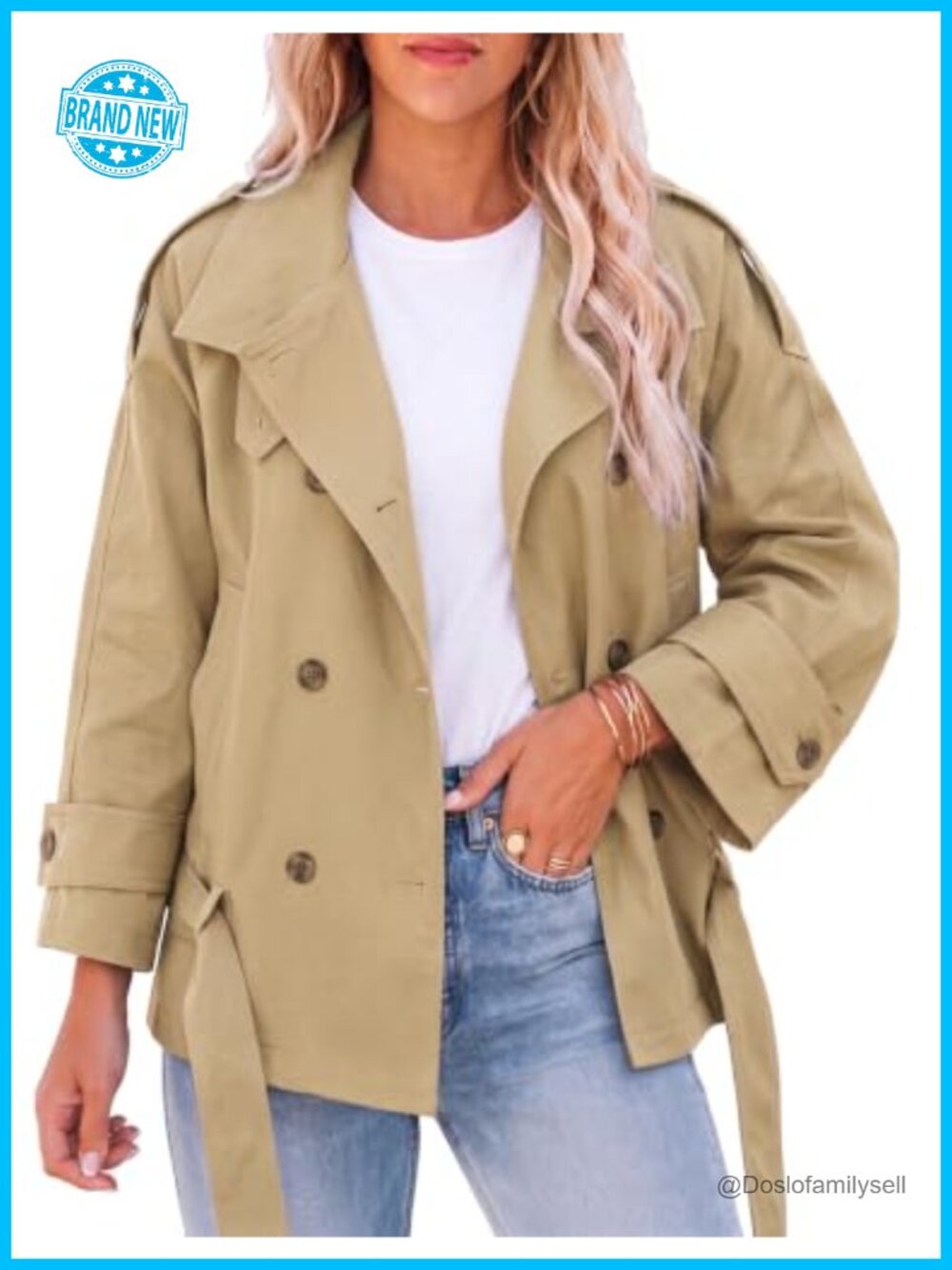 Womens Cropped Trench Coat Double Breasted High Collar Belted Jacket